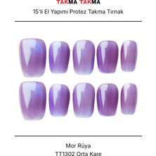 Takma Takma 15'li Mor Kısa Kare TT1302 Tekrar Kullanılabilir El Yapımı Protez Takma Tırnak - Mor-S