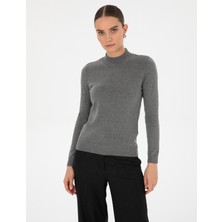 Pierre Cardin Kadın Gri Melanj Slim Fit Yarım Balıkçı Yaka Basic Kazak 50315768-VR086