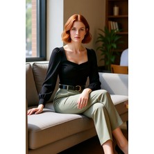 FRM Zarif Kadın Bluzu Kalp Yaka Büzgülü Detay Uzun Kollu Fermuarlı Dokuma Kumaş Kaliteli Şık Rahat