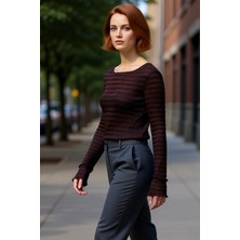 PayBuy Kadın Bordo Dokulu Gofre Esnek Örme Bluz Bisiklet Yaka Uzun Kollu Casual Günlük Kışlık Konforlu Üst