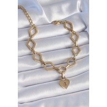 Claris 316L Çelik Gold Renk Zincir Model Kilit Kalp Figür Kadın Bileklik