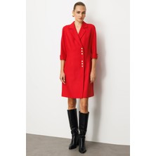 Ekol Kadın Kruvaze Yaka Düğmeli Elbise 4009 Kırmızı