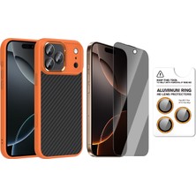 Vendas iPhone 17 Pro Kılıf M-Safe Şarj Özellikli Karbon Fiber Görünümlü Zore Truva Silikon Kapak + Safir Kamera Lens + Hayalet Ekran Koruyucu