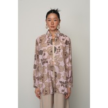 Orfeonegro Kadın Pudra Renk Gül Desenli Oversize Kesim Gömlek