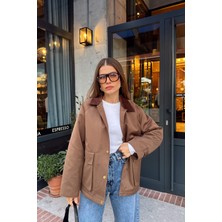 Sue Store Kahverengi Kadife Yakalı Fermuarlı Oversize Kapitone Gabardin Ceket