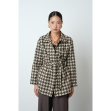 Orfeonegro Kadın Kazayağı Desenli Cepli Astarsız Kahverengi Ceket-Gömlek