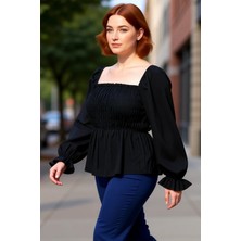 PayBuy Kadın Lacivert Kare Yaka Büzgülü Kol Gipeli Dokuma Bluz A Line Siluet Crop Boy Feminine Tarz