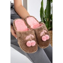 Slipcat Kadın Ev Terliği Kirazlı Ev Terliği Kışlık Terlik Misafir Terliği Tüylü Terlik