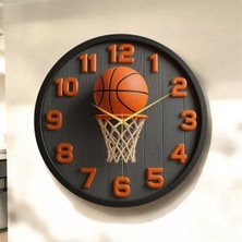 AA Shop Basketbol Top Pota Renkli Baskı Desenli Sayılı Hediyelik Ahşap Sessiz Tablo Duvar Saati