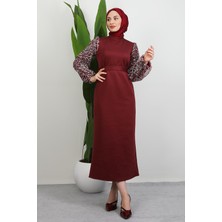 Çizgi Kol Desen Elbise Bordo