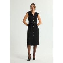 Love My Body Cepli Kolsuz Gabardin Elbise Siyah 124L9700000