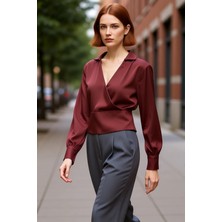 PayBuy Kadın Dokuma Gömlek Yaka Uzun Kollu Fitted Bluz Kaliteli Şık Rahat Modern Zarif Günlük
