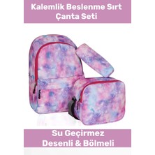 Enenstyle Fermuarlı Geniş 1.kalite Su Geçirmez Desenli Bölmeli Üçlü Okul Kalemlik Beslenme Sırt Çanta Seti