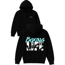 Vsrn Boxing Life Tasarım Baskılı Oversize Siyah Kapüşonlu Sweatshirt