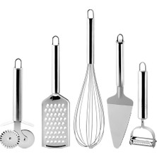 Misda Store Paslanmaz Çelik 5’li Mutfak Seti, Paslanmaz Çelik Rende, Çırpıcı, Soyucu, Servis ve Hamur Kesici