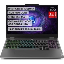 Loq | I7-13650HX | 16GB Ddr5 Ram | 512GB SSD | Rtx 4060 8gb Gddr6 115W | 15.6" Fhd (1920X1080) IPS 300NITS Anti-Glare, 100% Srgb, 144Hz, G-Sync® | Freedos Dizüstü Bilgisayar | 83DV00WVTR