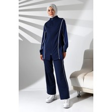 Mihran Butik Kadın Mevsimlik Penye Alt Üst Spor ve Rahat Lacivert Ikili Tunik Pantolon Şık Tesettür Takım