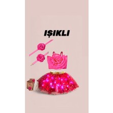 3b Kids Pembe Tütü Yıldız Işıklı Etek Pembe Güllü Bluz Alt Üst Takımı Güllü Kolye Bileklik Seti Bayram Parti