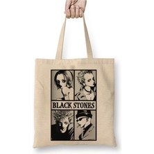 Toyaso Black Stones Nana Beyaz Bez Çanta Uzun Saplı Alışveriş Çantası Plaj Çantası