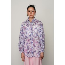 Orfeonegro Kadın Kolları Bağlamalı Mavi Renk Çiçek Desenli Oversize Gömlek