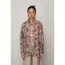 Orfeonegro Kadın Pudra-Kahve Renk Çiçek Desenli Oversize Kesim Gömlek