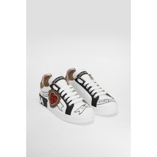 Kadın Taş Işlemeli Kalp Aplike Deri Sneakers - Beyaz/siyah