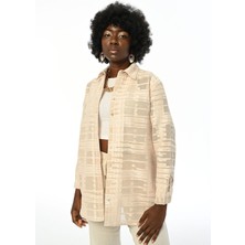 Orfeonegro Kadın Krem Transparan Desenli Oversıze Gömlek