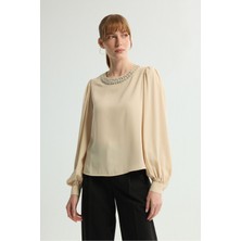 Love My Body Taş Detaylı Uzun Kollu Bluz Bej 115L9655000