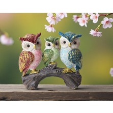 Elifeshop Lüks Işlemeli Canlı Renkli Dal Üzerinde 3'lü Baykuş Aile Heykeli Dekoratif Biblo Ev & Ofis Hediyesi