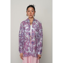 Orfeonegro Kadın Mavi Renk Çiçek Desenli Oversize Kesim Gömlek