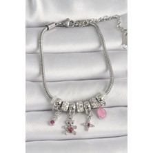 MCM Group Pirinç Gümüş Renk Zincir Sallantı Zirkon Taşlı Ayıcık Figür Yıldız Detay Kadın Bileklik - Lisinya