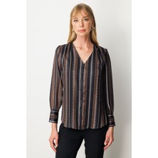 Ekol Kadın Süs Düğmeli Desenli Bluz 3063 Taba