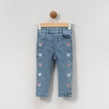 Overdo BeU Kids Kız Çocuk Pastel Tonlu Minik Kalp Nakışlı Mavi Denim Pantalon