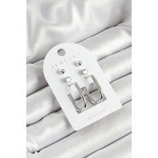 Claris Pirinç Zirkon Taş Ve Dikdörtgen Figürlü Gümüş Renk 3'lü Çift Kadın Küpe Set