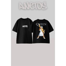 Anetos Queen 6 Tasarım Sırt Baskılı Pamuk Siyah Oversize T-Shirt