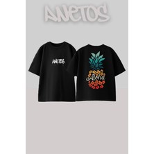 Anetos Aloha Ananas Tasarım Sırt Baskılı Pamuk Siyah Oversize T-Shirt