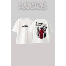 Anetos Asap Rocky Tasarım Sırt Baskılı Pamuk Beyaz Oversize T-Shirt