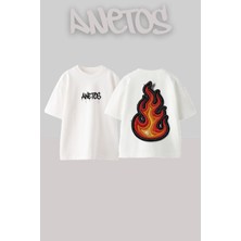 Anetos Fire 1 Tasarım Sırt Baskılı Pamuk Beyaz Oversize T-Shirt