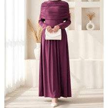 Zy Plus Mürdüm Pile Detaylı Uzun Kollu Sandy Kumaş Boydan Elbise