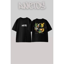 Anetos Dogal Kadın Tasarım Sırt Baskılı Pamuk Siyah Oversize T-Shirt