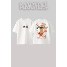 Anetos Feel Dog Music Tasarım Sırt Baskılı Pamuk Beyaz Oversize T-Shirt