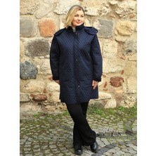 Glr & Gym Reva Kapüşonlu Kapitone Kışlık Lacivert Büyük Beden Kadın Mont