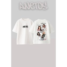 Anetos Black Pink 8 Tasarım Sırt Baskılı Pamuk Beyaz Oversize T-Shirt