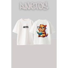 Anetos Sıncap Tasarım Sırt Baskılı Pamuk Beyaz Oversize T-Shirt