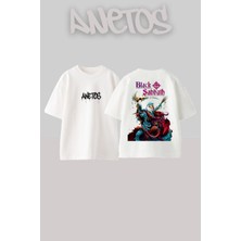 Anetos Black Sabbath 12 Tasarım Sırt Baskılı Pamuk Beyaz Oversize T-Shirt