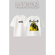 Anetos Aerosmith 3 Tasarım Sırt Baskılı Pamuk Beyaz Oversize T-Shirt