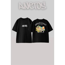 Anetos Amalfı Coast Tasarım Sırt Baskılı Pamuk Siyah Oversize T-Shirt