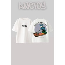 Anetos Screen Prıntıng Tasarım Sırt Baskılı Pamuk Beyaz Oversize T-Shirt