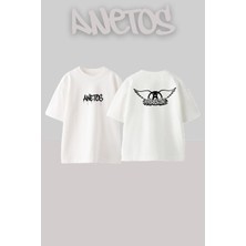 Anetos Aerosmith 2 Tasarım Sırt Baskılı Pamuk Beyaz Oversize T-Shirt