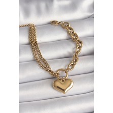 MCM Group 316L Çelik Gold Renk 2'li Zincir Model Kalp Figür Kadın Bileklik - Lisinya